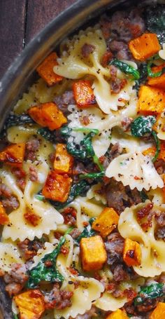 close-up of Creamy Butternut Squash Pasta with Sausage and Spinach in a stainless steel pan. Butternut Squash Pasta With Sausage, Pasta With Sausage And Spinach, Creamy Butternut Squash Pasta, Butternut Squash Recipes Pasta, Sausage And Spinach, Creamy Butternut Squash, Pasta With Sausage, Butternut Squash Pasta, Squash Pasta