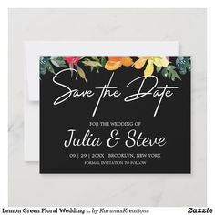 save the date card with flowers and leaves in black, orange, yellow and white