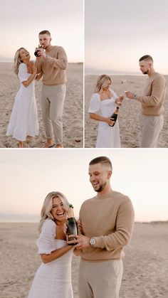 a man and woman standing on top of a beach next to each other holding wine bottles