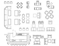 the top view of a living room and dining room furniture set, including couches, chairs