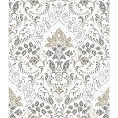 a white and grey wallpaper with an ornate design on it's side,