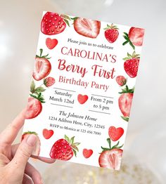 Berry First Birthday Invitation - Canva Template - Invitations - Mama Life Printables Baby 1st Birthday Theme, Baby Girl 1st Birthday Party Themes, Unique 1st Birthday Themes, Baby Girl First Birthday Theme, My Berry First Birthday, Berry 1st Birthday, 1st Birthday Invitation Template