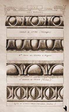 an old book with three different types of architectural drawings on it's sides and the same type of architecture in each section