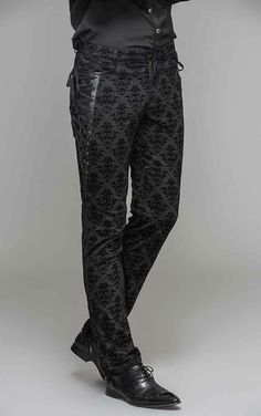 Victorian Pants, Gothic Fashion Men, Leather Panelling, Pattern Trousers, Vintage Palace, Gothic Fashion Women, Gothic Pants, Trad Goth, Black Pants Men