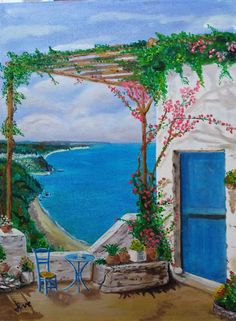 a painting of an outdoor patio with flowers and plants on the outside, overlooking the ocean