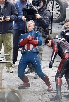 the avengers are filming in front of some people