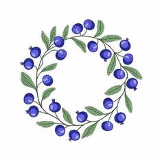 a blue berry wreath with green leaves is shown in the middle of a white background