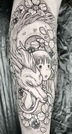 a person with a tattoo on their arm holding a fox and flowered tree in front of them