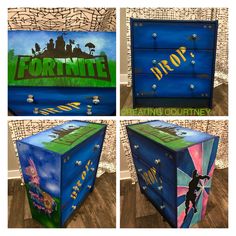 four different pictures of an old dresser painted with fortnite and droop's