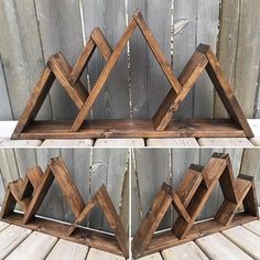 two wooden shelves sitting next to each other