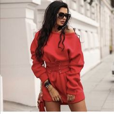 Fashion Lovely Long Sleeve Dress Red Mini Dress For Winter Night Out, Red Mini Dress For Night Out In Winter, Trendy Red Mini Dress For Spring, Winter Red Mini Dress, Chic Red Mini Dress For Winter, Red Knee-length Mini Dress For Winter, Red Knee-length Trendy Mini Dress, Trendy Red Dress For Day Out, Trendy Red Knee-length Mini Dress