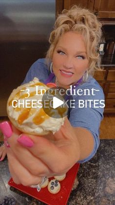 a woman is holding up a pastry in her hand with the caption'53 ingredient cheesecake bites '