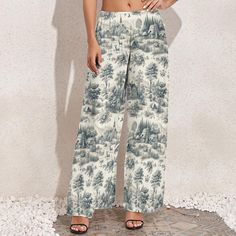 Elevate your summer wardrobe with these elegant Toile de Jouy Countryside Women's Wide Leg Pants. Made from 100% polyester, these pants offer a soft, breathable, and lightweight feel, perfect for casual summer days or lounging at home. The high waist design accentuates your waist and gives your legs a long, elegant look. Pair these wide-leg pants with short tops, shirts, or short sleeves for a versatile, fashionable outfit. Available in sizes XS to 6XL, these pants make a thoughtful gift for bir Printed Summer Loungewear Pants, Printed Bottoms For Summer Loungewear, Summer Printed Straight Pants, Non-stretch Printed Summer Pants, Summer Wide Leg Printed Bottoms, Printed Wide-leg Summer Pants, Printed Wide-leg Pants For Summer, Summer Printed Relaxed Bottoms, Summer Printed Relaxed Fit Bottoms