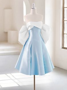 Blue Confirmation Dresses, Satin Sweetheart Dress, Sweatheart Neckline Dress, Light Blue And Dark Blue Outfit, Prom Dresses Sweetheart Neckline, Short Blue Wedding Dress, Light Blue Winter Dress, Blue And White Dress Outfit Classy, Pastel Blue Dress Formal