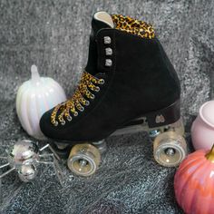 A Panther Skate sits on a spider web like background with iridescent pumpkins and a disco spider around it. Halloween Roller Skates, Punk Roller Skates, Grunge Roller Skates, Gothic Roller Skates, Purple Roller Skates, Into The Darkness, Skate Park