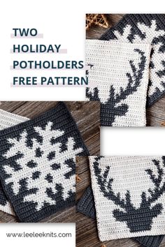 two crocheted coasters with snowflakes on them and the text, two holiday