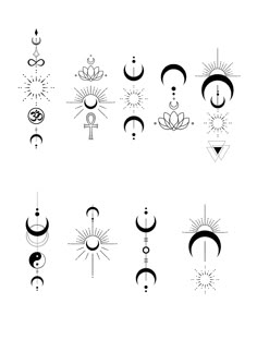 an image of different symbols that are in the shape of sun, moon and stars