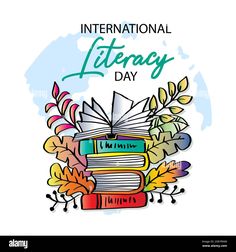 the international library day with books and leaves on white background, hand drawn illustration - stock image