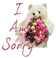 a white teddy bear holding a bouquet of pink flowers with the words i am sorry