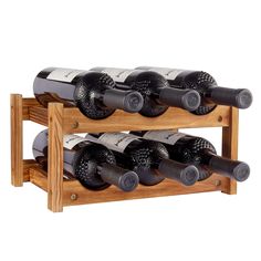 a wooden wine rack filled with lots of bottles