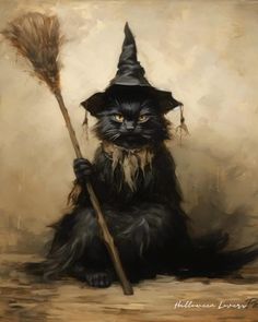 a painting of a black cat wearing a witches hat and holding a broom