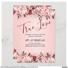 a pink and red floral wedding card with the words, true love on it's front