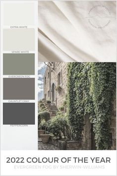 the color scheme for an outdoor living room with ivy growing on the walls and stairs