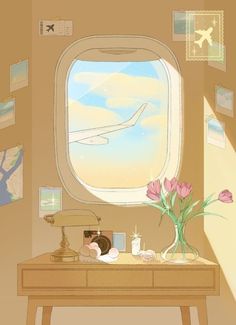 an airplane window and desk with flowers on it