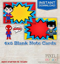 four blank note cards with superheros on them