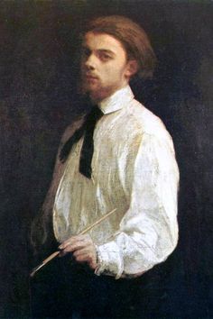 a painting of a man in a white shirt and black tie holding a paintbrush