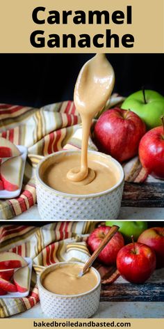 caramel ganache with apples and cinnamon on the side, in small white bowls