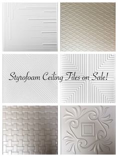 four different types of wall tiles with the words styrofoam ceiling tiles on sale