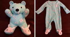 two pictures of a blue teddy bear wearing pajamas