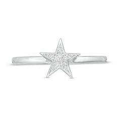 She'll love the simply stellar style of this dreamy diamond accent ring. Crafted in sterling silver, this spirited choice showcases a sculpted star shimmering with diamond accents. Polished to a bright shine, this design is an irresistible eye-catcher. This ring is available in select sizes only. Sterling silver rings cannot be resized after purchase. Silver Star-shaped Diamond Ring Gift, Celestial Star-shaped Diamond Ring With Single Cut Diamonds, Star-shaped Diamond Ring With Single Cut Diamonds, Star-shaped Single Cut Diamond Ring, Silver Star-shaped Ring With Diamond Accents, Star Shaped Diamond Rings With Accents, Celestial Star-shaped Diamond Ring, Diamond White Star-shaped Diamond Ring, Star-shaped Diamond Anniversary Ring