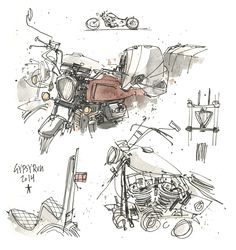 an ink drawing of a motorcycle and its parts