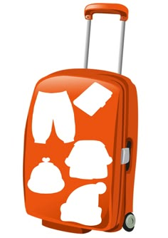 an orange suitcase with white silhouettes of clothing on the front and back wheels,