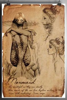 a drawing of mermaids hugging each other in front of a piece of paper with writing on it