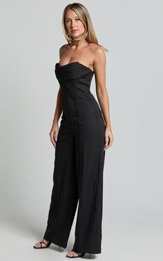 Stacey Jumpsuit - Strapless Cowl Wide Leg Jumpsuit in Black | Showpo USA Semi Formal Black Outfit, Jumpsuit Graduation Outfit, Semi Formal Party Outfit, Formal Black Outfit, Formal Party Outfit, Wide Leg Jeans Shoes, Semi Formal Party, Red Sequin Dress, Basic Black Dress