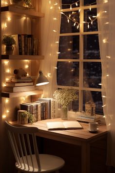 a desk with some books and lights on the window sill in front of it