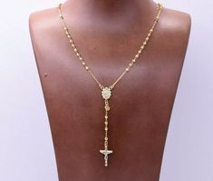 "3mm Diamond Cut Cross Rosary Crucifix Chain Necklace Real 10K Yellow Gold * Metal : Real 10K Yellow Gold (Properly Stamped, 10K) * Condition : Brand New * Finish : Polished * Avg Weight : 17\" = 6.51 grams 20\" = 6.89 grams 27\" = 7.18 grams * Length : Selectable + 3\" Drop * Width : Bead : 3mm = 3/32\" Cross : 12mm = Just under 1/2\" * Clasp/Bail : Lobster Claw Clasp All of our items are brand new and are shipped with a gift box." Rosary Inspired Necklace, Golden Cross, Cross Rosary, Jewelry Accessories Ideas, Accessories Ideas, Gold Price, Dream Jewelry, Chain Link Necklace, Diamond Cut