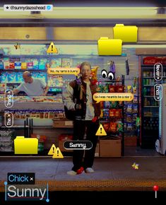 a woman standing in front of a store with lots of yellow stickers on her face