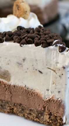 a piece of chocolate chip ice cream pie on a plate