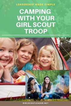 girls camping with their girl scout troop brochure on the grass and trees in the background