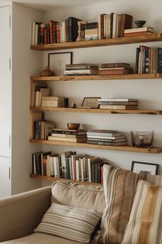 the bookshelves are filled with many different types of books in this living room