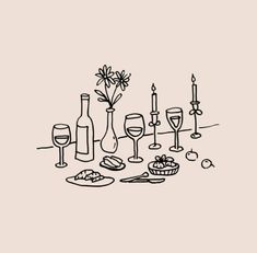 a line drawing of wine and food on a table with candles in the background, surrounded by other items