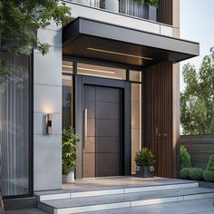 an entrance to a modern building with steps leading up to it and potted plants on either side