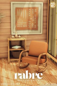 a rocking chair sitting on top of a wooden floor in front of a wall mounted painting