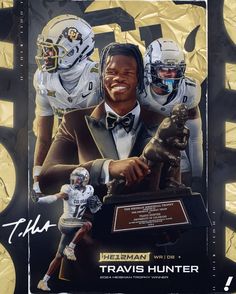 an autographed photo of travis hunter holding a trophy and two football players in the background