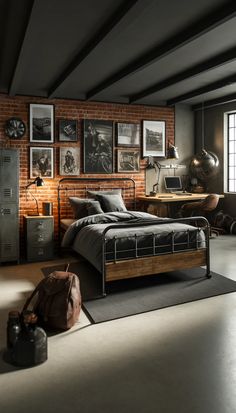 an industrial style bedroom with brick walls and metal bed frame in the middle, along with pictures on the wall