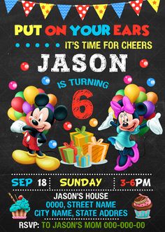 mickey mouse birthday party flyer with balloons and cupcakes on the side, including an image